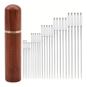 25pcs Large Eye Hand Sewing Needle, Sewing Needles Large Eye, Cross Stitch Needle, Leather Needles With Wood Needle Case, Embroidery Needle Storage For Hand Sewing