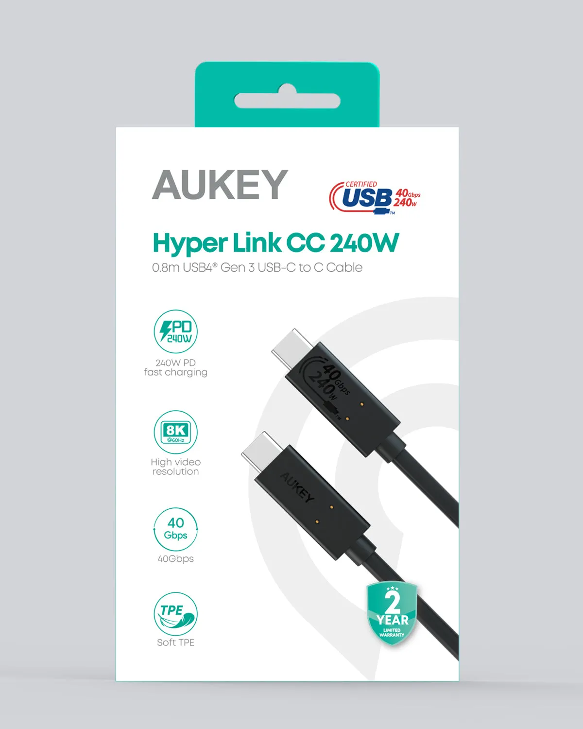 Aukey CB-TCC241 Hyper Link CC 240W USB4 Gen 3 USB-C to C Cable 0.8m - Black