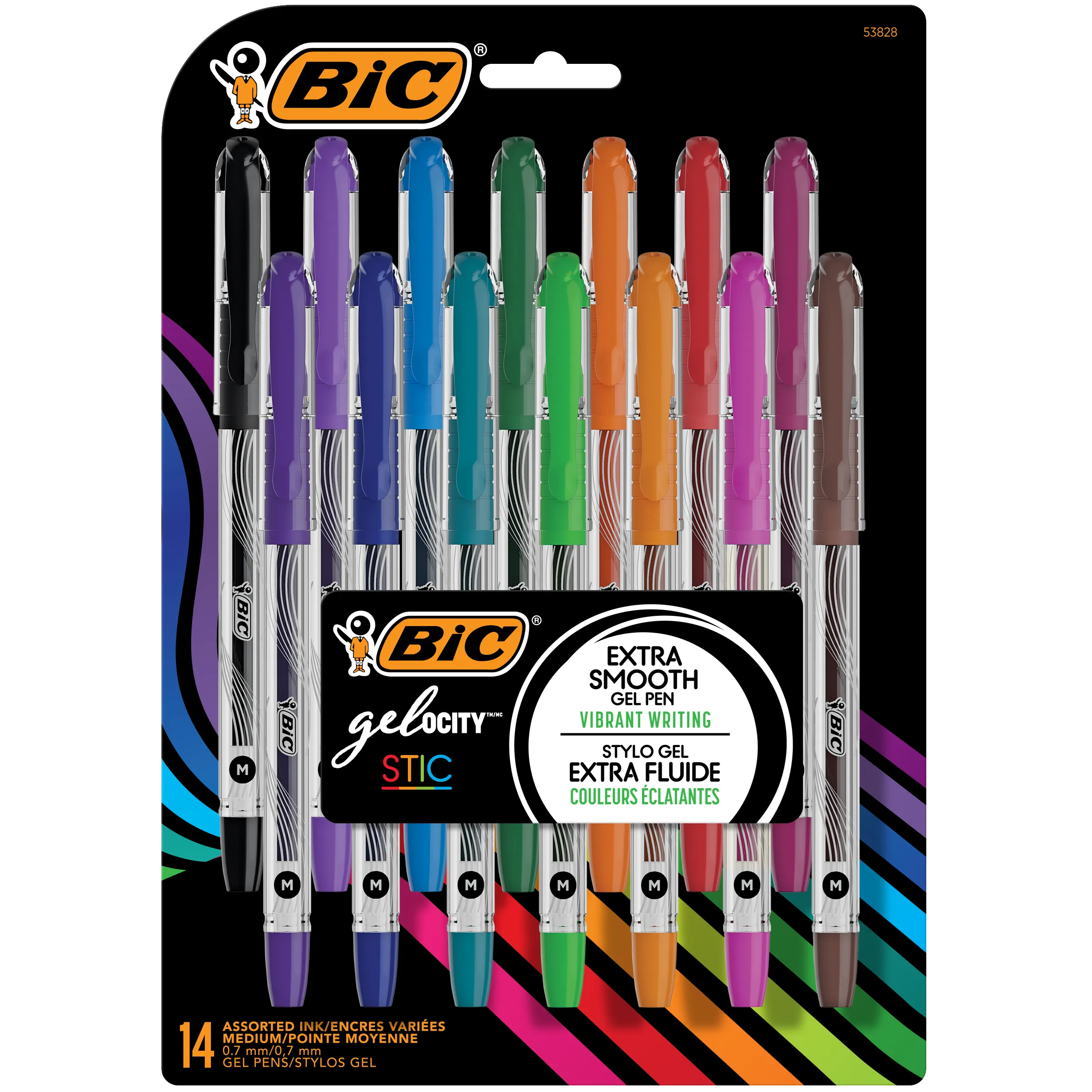 BIC Gel-ocity Smooth Stic Gel Pen, Medium Point (0.7mm), 14 Count, Assorted Colors (53828)