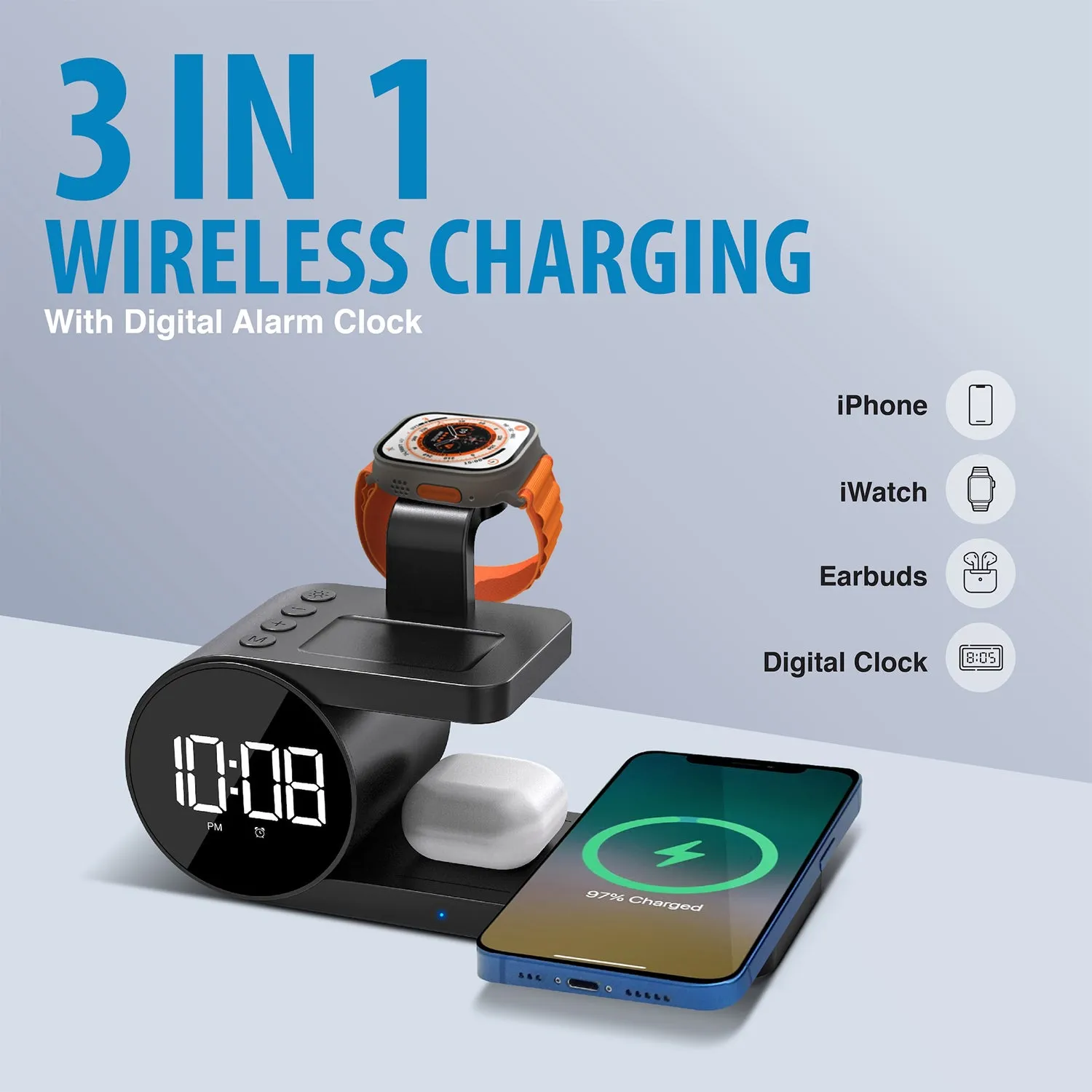 Brookstone 4-in-1 Wireless Charging Station: Stylish | Compatible for iPhone, iWatch, and Airpods| Wireless Charging Station with Clock.