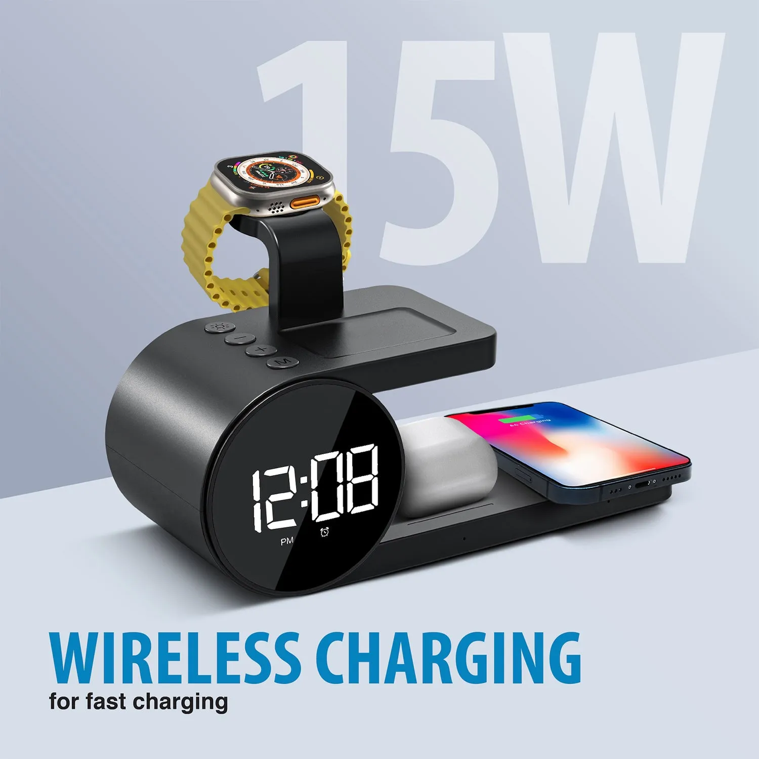 Brookstone 4-in-1 Wireless Charging Station: Stylish | Compatible for iPhone, iWatch, and Airpods| Wireless Charging Station with Clock.