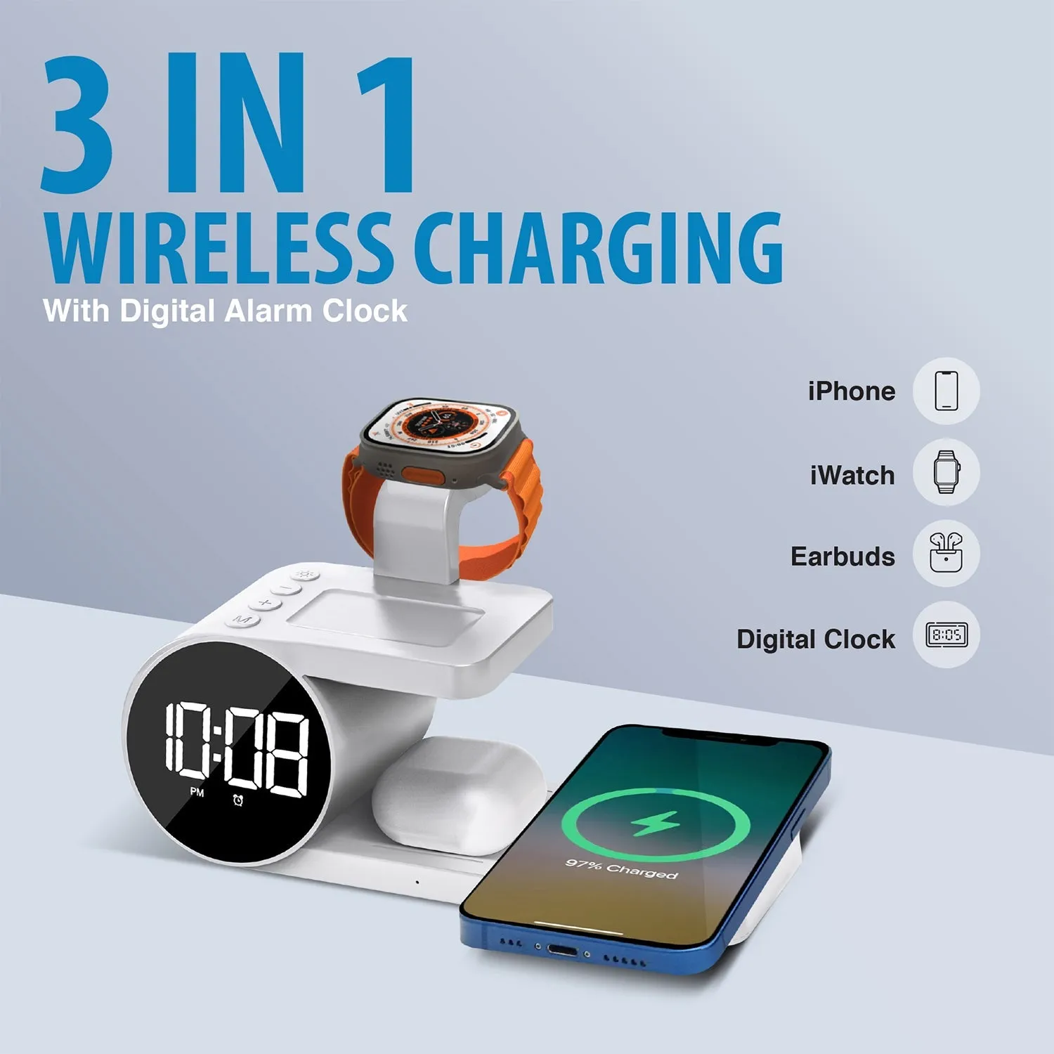 Brookstone 4-in-1 Wireless Charging Station: Stylish | Compatible for iPhone, iWatch, and Airpods| Wireless Charging Station with Clock.