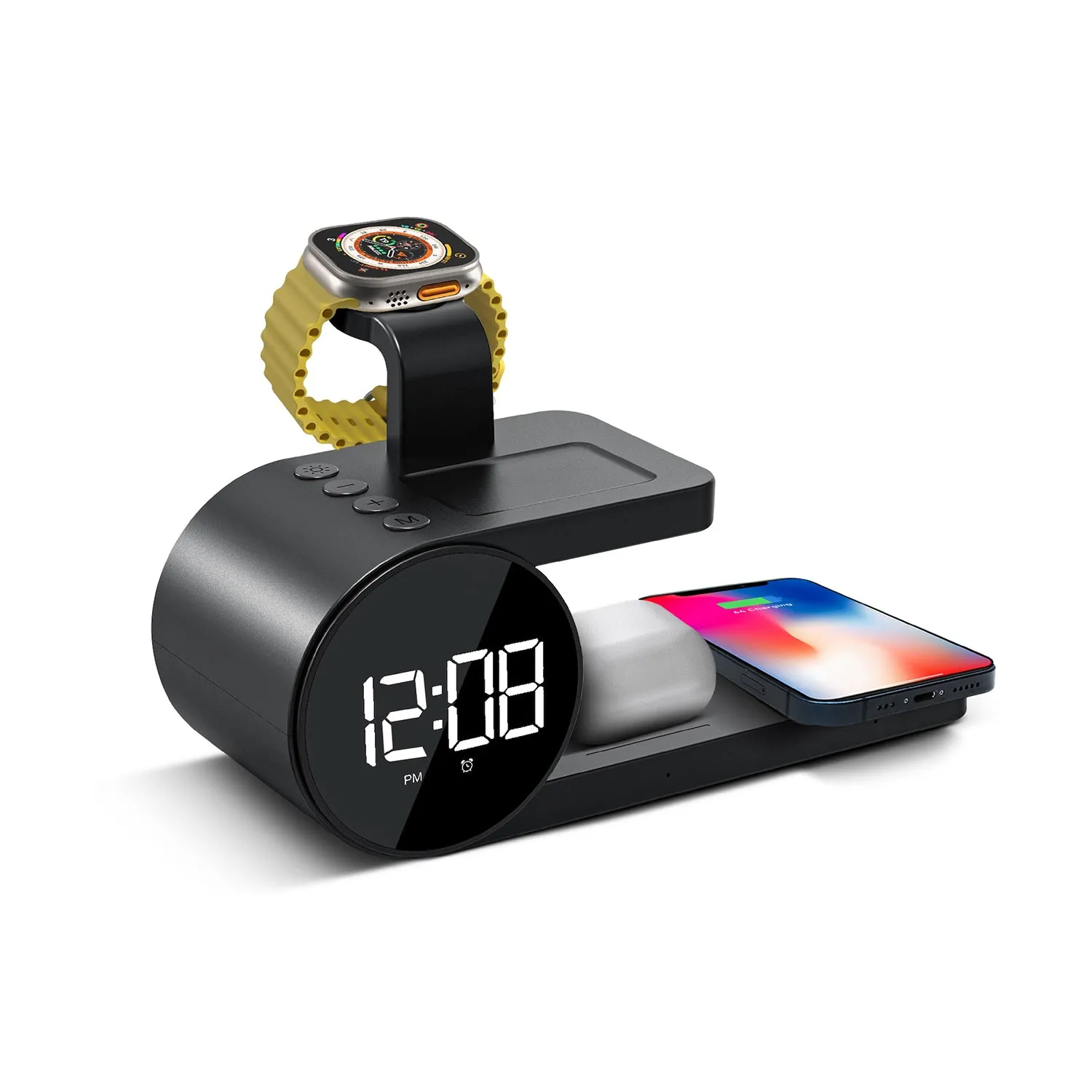 Brookstone 4-in-1 Wireless Charging Station: Stylish | Compatible for iPhone, iWatch, and Airpods| Wireless Charging Station with Clock.