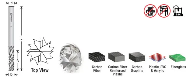 Carbon Graphite & Carbon Fiber Panel Cutting CNC Router Bit | 3⁄16 Dia x 5⁄8 x 3⁄16 Shank x 2" Long Down-Cut | 46262 | 738685462621