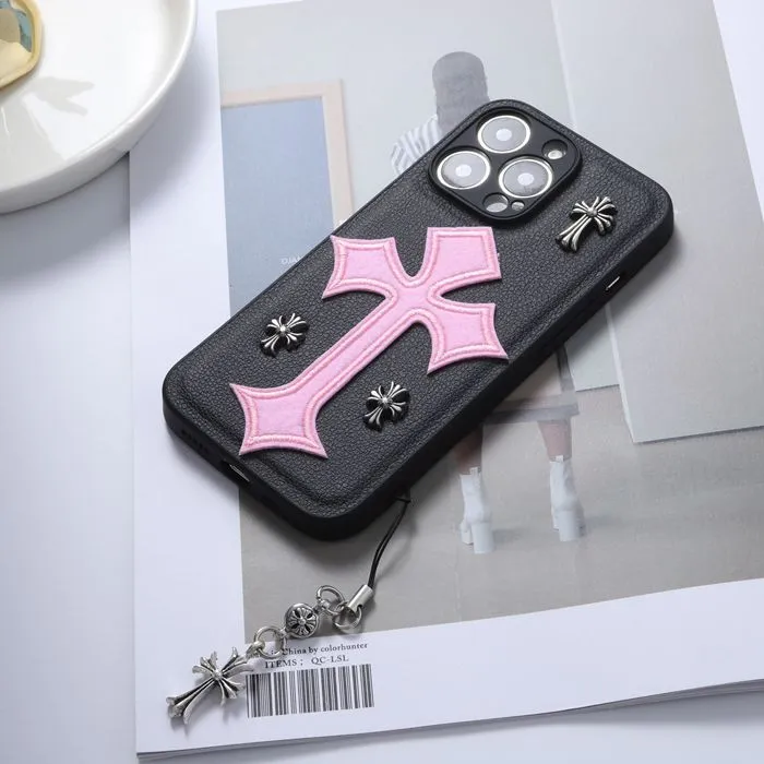 Chrome Hearts Phone Case Handmade Leather Phone Case With Chain For IPhone