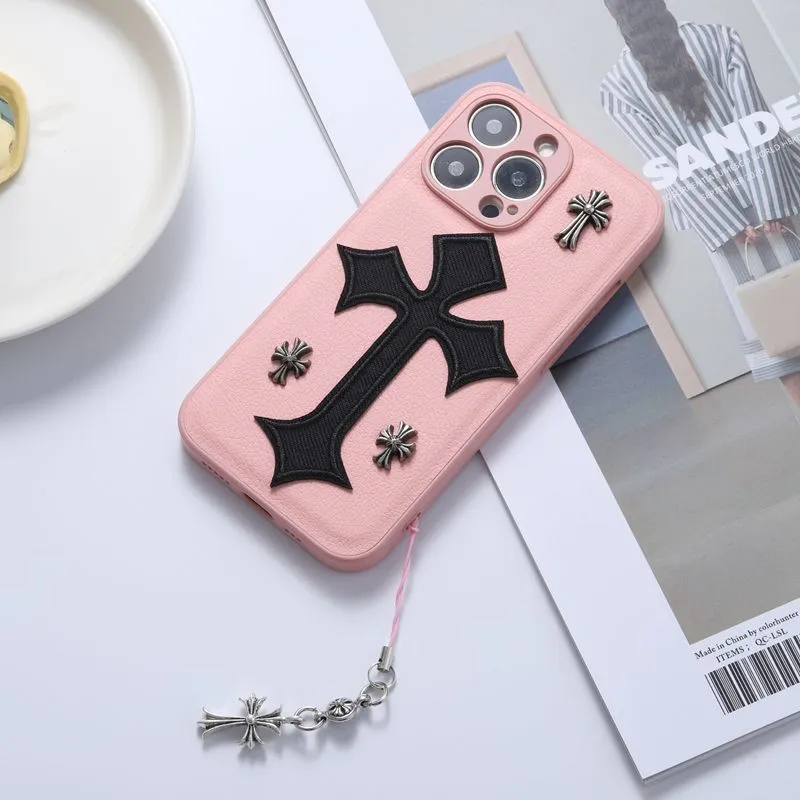 Chrome Hearts Phone Case Handmade Leather Phone Case With Chain For IPhone