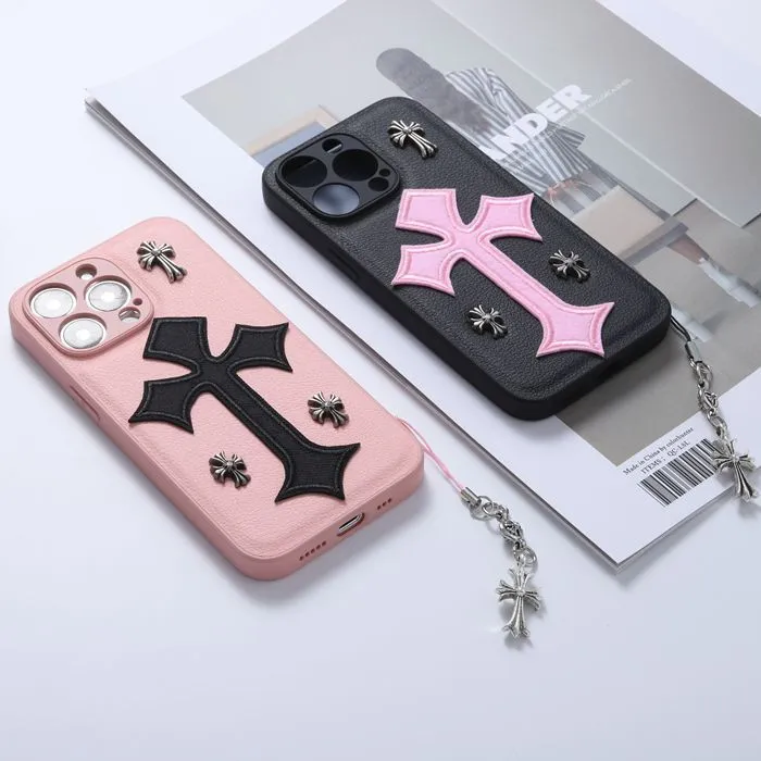 Chrome Hearts Phone Case Handmade Leather Phone Case With Chain For IPhone