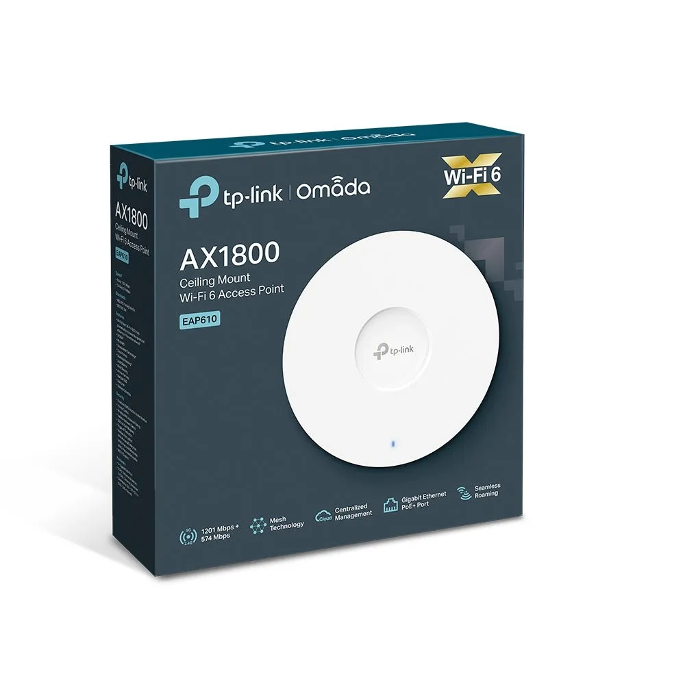 [CLEARANCE] TP-Link EAP610 AX1800 Dual Band Ceiling Mount Wi-Fi 6 Access Point with 1201Mbps at 5GHz, 574Mbps at 2.4GHz, Gigabit RJ45 Port, Omada Mesh Technology, PoE  Powered, Seamless Roaming, MU-MIMO, Beamforming, Omada SDN