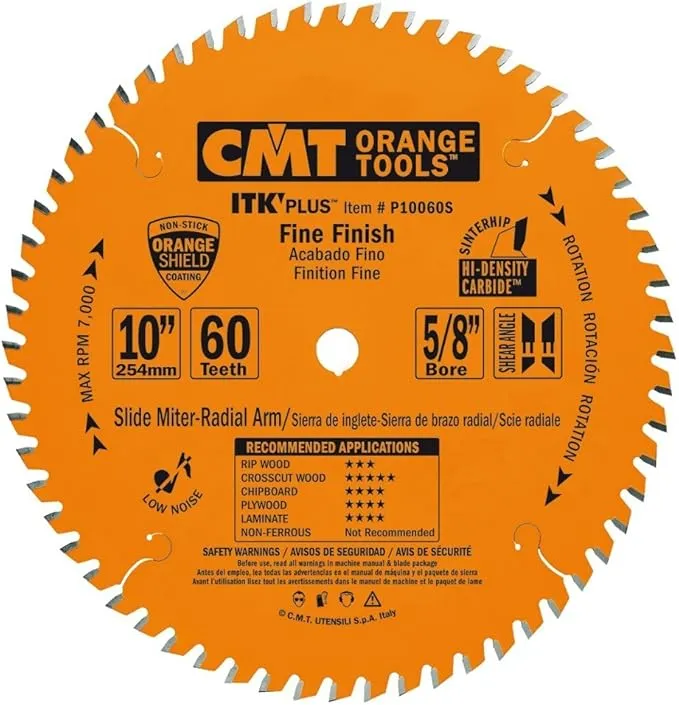 CMT Industrial PTFE Coated 10” Carbide Fine Finish Saw Blade, 60 Teeth, Alternate Top Bevel (ATB) Grind,  0.094” Kerf - P10060S