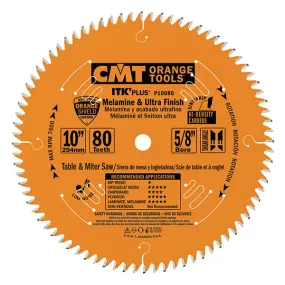 CMT ITK PLUS 10" Ultra Finish Saw Blade, 80 Teeth, 5/8" Arbor, Alternate Top Bevel (ATB) Grind with Shear 0.094" Kerf P10080