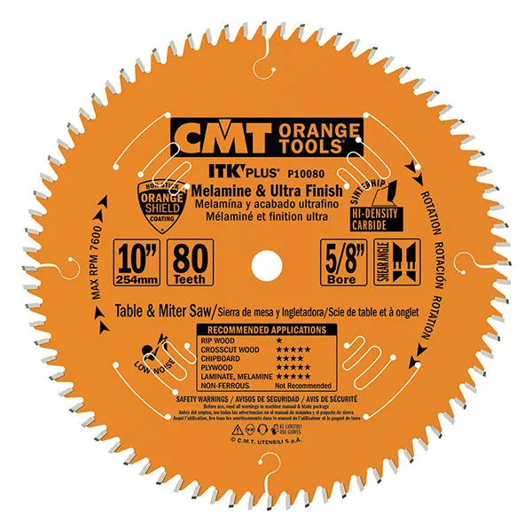 CMT ITK PLUS 10" Ultra Finish Saw Blade, 80 Teeth, 5/8" Arbor, Alternate Top Bevel (ATB) Grind with Shear 0.094" Kerf P10080