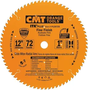 CMT ITK PLUS 12" Fine Finish Saw Blade, 72 Teeth, 1" Arbor, Alternate Top Bevel (ATB) Grind with Shear 0.102" Kerf P12072S