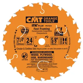 CMT ITK PLUS Fast Framing Circular Saw Blade 7-1/4", 24 Teeth, 5/8" Arbor, Alternate Top Bevel (ATP) Grind with Shear, PTFE Coated P07024_X1