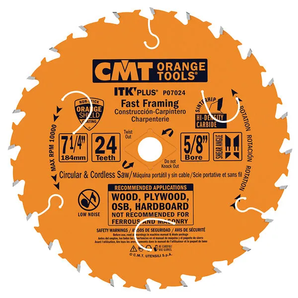 CMT ITK PLUS Fast Framing Circular Saw Blade 7-1/4", 24 Teeth, 5/8" Arbor, Alternate Top Bevel (ATP) Grind with Shear, PTFE Coated P07024_X1