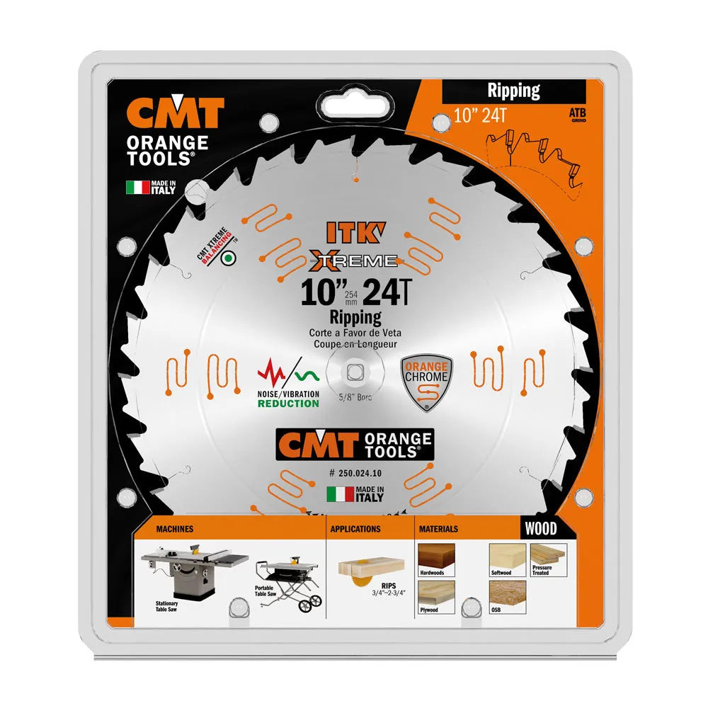 CMT ITK Xtreme Orange Chrome Thin Kerf 10" Ripping Blade, 24 Teeth, Alternate Top Bevel (ATB), 0.102” Kerf  250.024.10