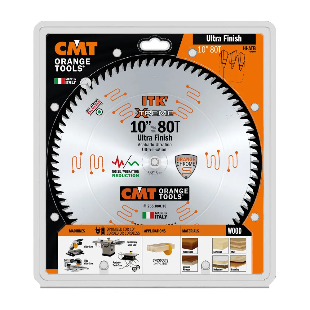 CMT ITK Xtreme Orange Chrome Thin Kerf 10" Ultra Finish Crosscut Blade, 80 Teeth, High Alternate Top Bevel (Hi-ATB) 0.102” Kerf  255.080.10