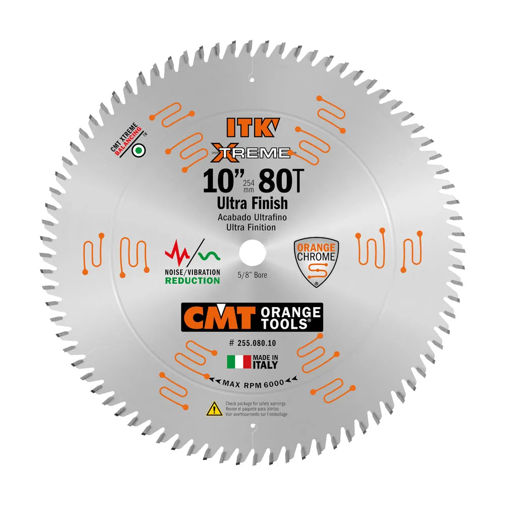 CMT ITK Xtreme Orange Chrome Thin Kerf 10" Ultra Finish Crosscut Blade, 80 Teeth, High Alternate Top Bevel (Hi-ATB) 0.102” Kerf  255.080.10