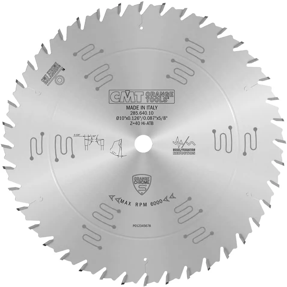 CMT Orange Chrome Carbide 10” General Purpose Combination Blade, 40 Teeth, High Alternate Top Bevel (HiATB) grind, 0.126” Kerf 285.640.10 (DCE)