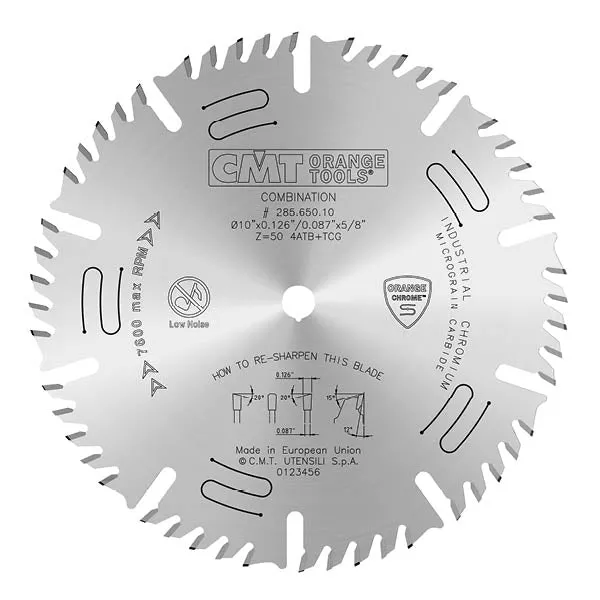 CMT Orange Chrome Carbide 10” General Purpose Combination Blade, 50T, 4 Alternate Top Bevel (ATB) and 1 Triple Chip Grind (TCG) 0.126” Kerf 285.650.10