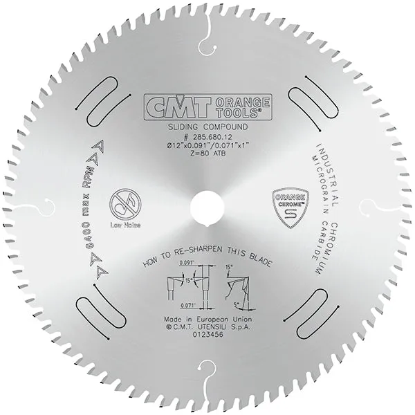 CMT Orange Chrome Carbide 12" Thin Kerf Fine Finish Sliding Compound Crosscut Blade, 80T, Alternate Top Bevel Grind, 0.091" Kerf 285.680.12