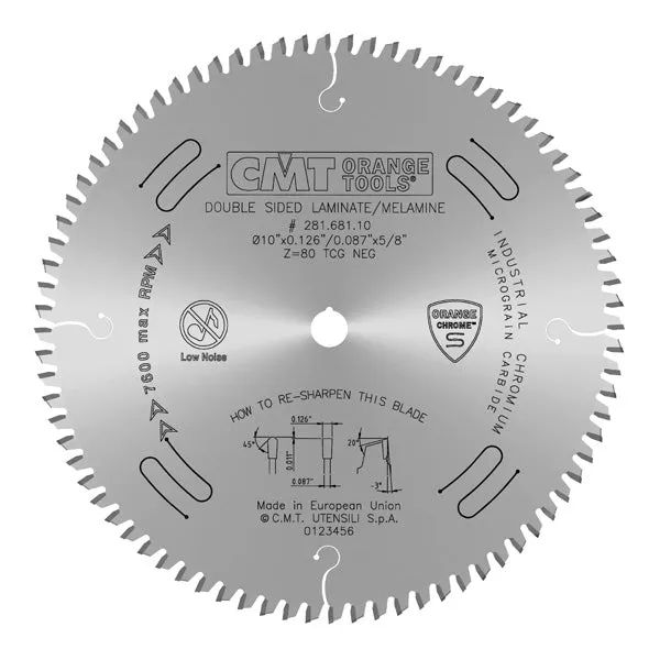 CMT Orange Chrome Carbide Full Kerf 10” Double-Sided Laminate / Melamine Crosscutting Blade, 80 Teeth, Triple Chip Grind (TCG), 0.126” Kerf 281.681.10