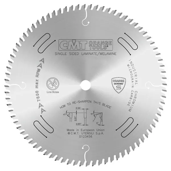 CMT Orange Chrome Carbide Full Kerf 12” Single-Sided Laminate / Melamine Crosscutting Blade, 96 Teeth, Triple Chip Grind (TCG), 0.126” Kerf 281.696.12