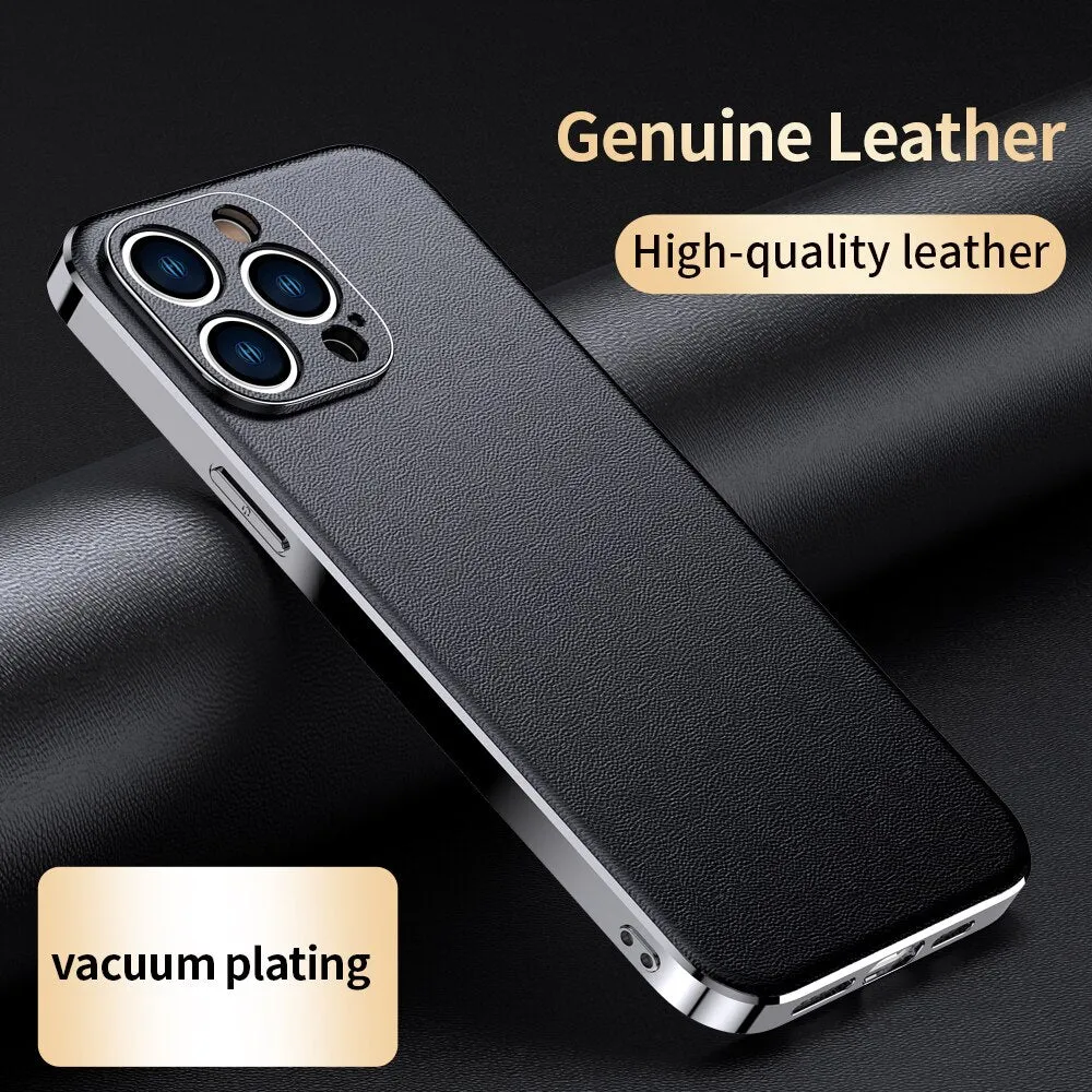 Cowhide Plating Shockproof Leather Phone Case For iPhone