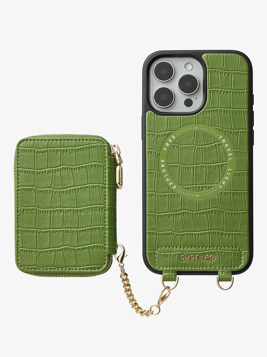 Crocodile Craft Set- Detachable Wireless Charging Crossbody Wallet Phone Case Round Pouch Set