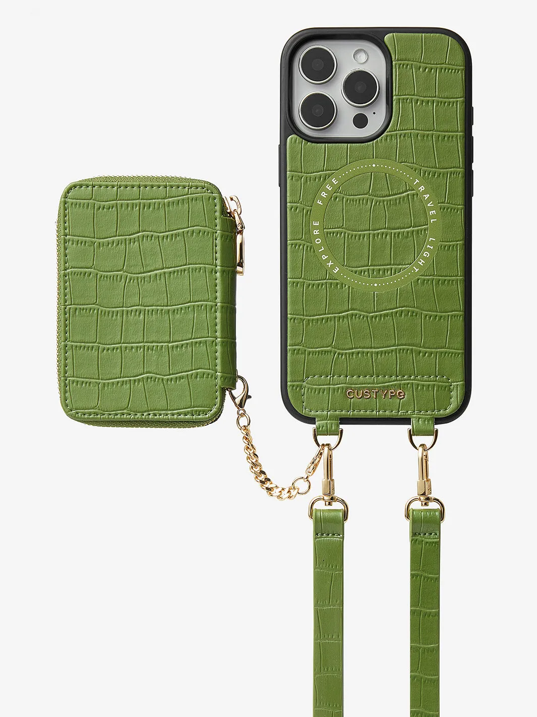 Crocodile Craft Set- Detachable Wireless Charging Crossbody Wallet Phone Case Round Pouch Set