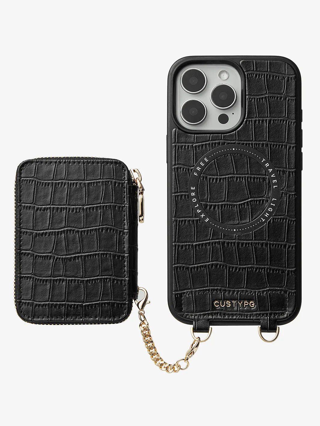 Crocodile Craft Set- Detachable Wireless Charging Crossbody Wallet Phone Case Round Pouch Set