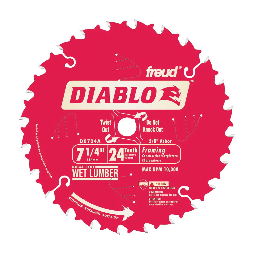 Diablo D0724A Circular Saw Blade, 7-1/4 in Dia, 5/8 in Arbor, 24-Teeth, Carbide Cutting Edge