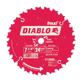 Diablo D0724A Circular Saw Blade, 7-1/4 in Dia, 5/8 in Arbor, 24-Teeth, Carbide Cutting Edge