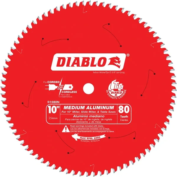 Diablo D1080N Circular Saw Blade, 10 in Dia, 5/8 in Arbor, 80-Teeth, Carbide Cutting Edge