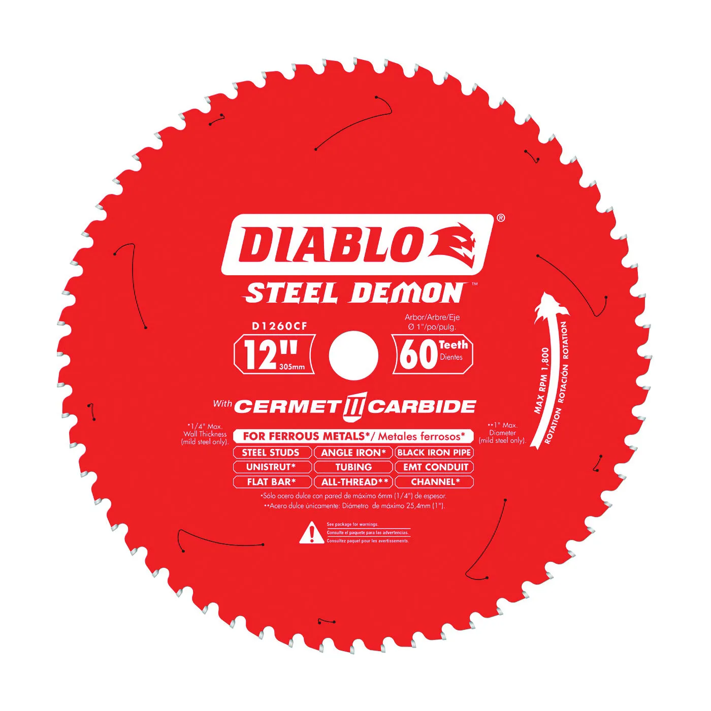 Diablo D1260CF Circular Saw Blade, 12 in Dia, 1 in Arbor, 60-Teeth, Cermet Cutting Edge