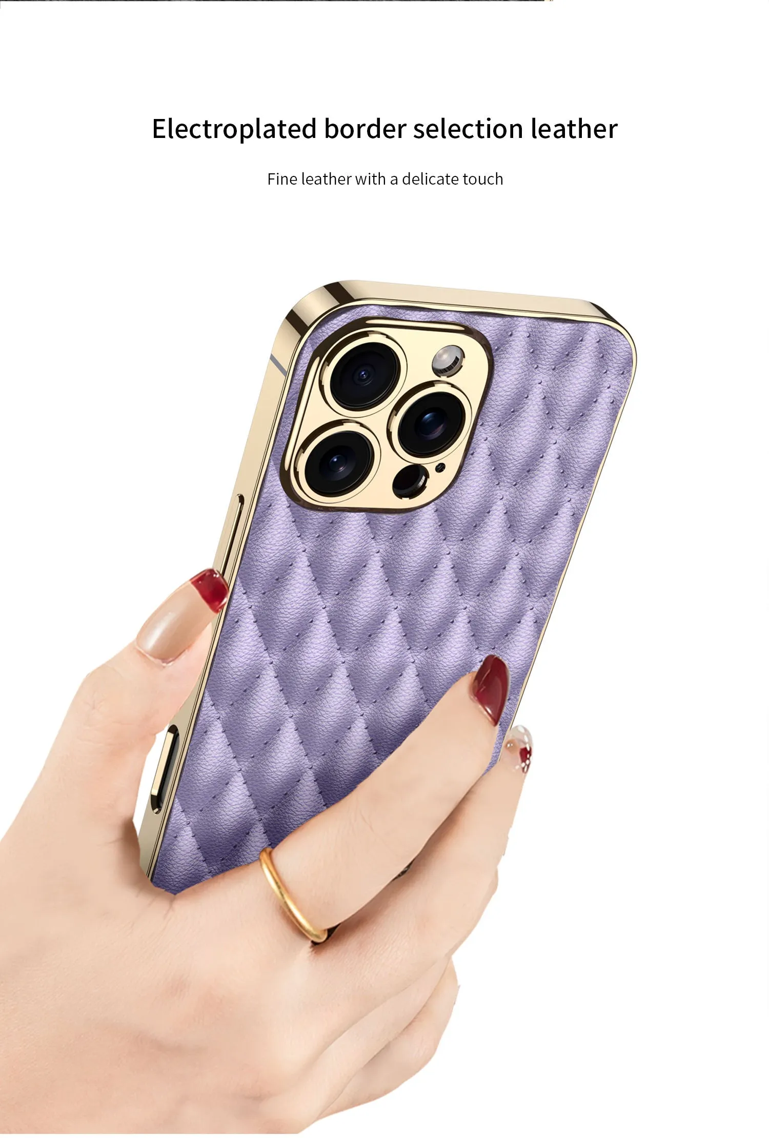 Electroplated PU Leather Rhomboid Pattern Phone Case For iPhone