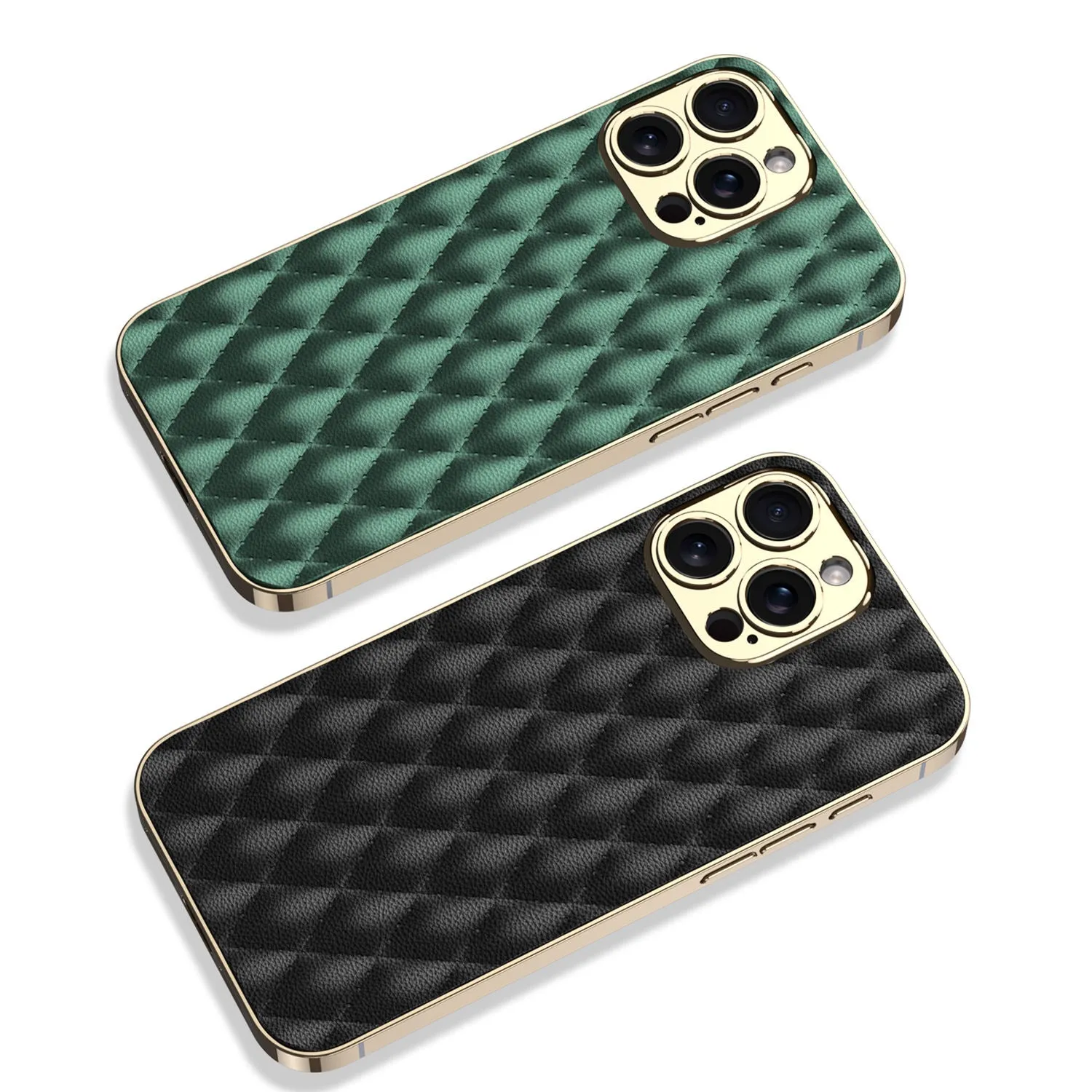 Electroplated PU Leather Rhomboid Pattern Phone Case For iPhone