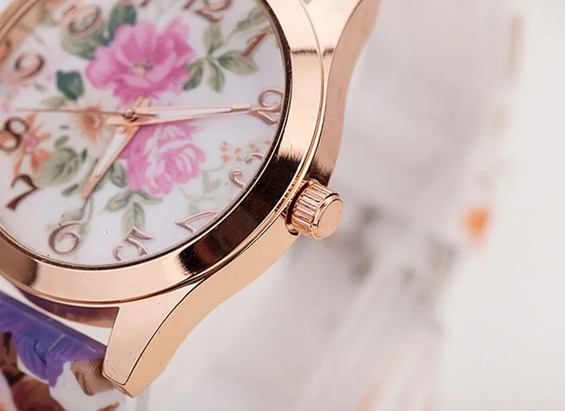 Fashion Women Watches Rose Flower Print Silicone Floral Jelly Dress Watches