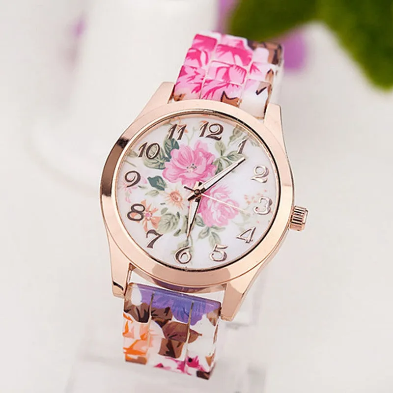 Fashion Women Watches Rose Flower Print Silicone Floral Jelly Dress Watches