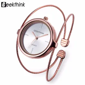 GEEKTHINK Unique Fashion Brand Quartz Watch Women Bracelet Ladies Rose Gold Watch female Luxury Double Ring steel band casual