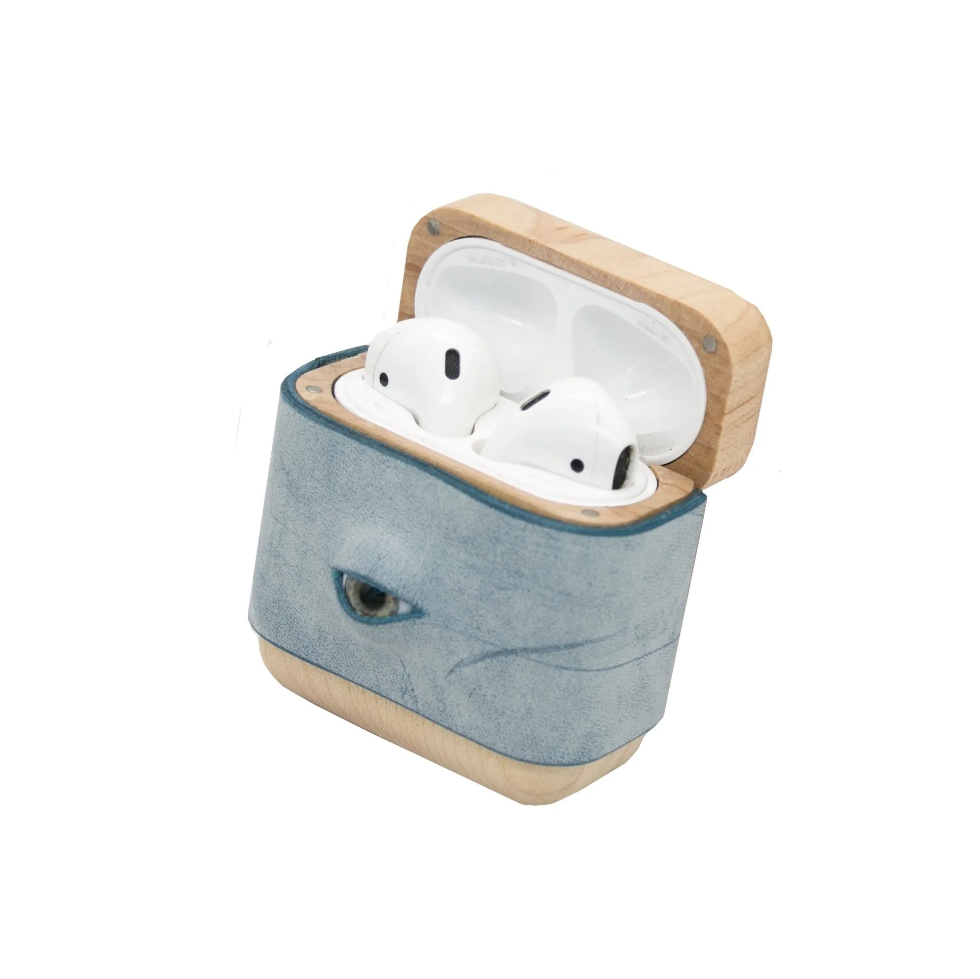 Handmade Blue Leather Wood AirPods Pro Case with Eye Custom Leather AirPods Pro Case Airpod Case Cover