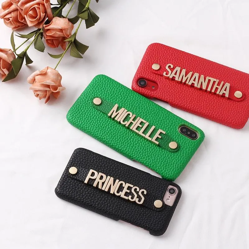 Holding Leather Strap Letter Custom Personalize Name Pebble Leather Phone Case For iPhone14 14ProMax 14Plus 13Promax 13 12 1Luxury Cover