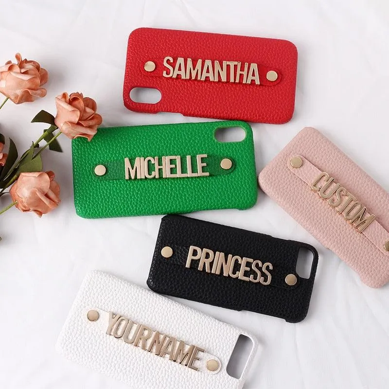 Holding Leather Strap Letter Custom Personalize Name Pebble Leather Phone Case For iPhone14 14ProMax 14Plus 13Promax 13 12 1Luxury Cover