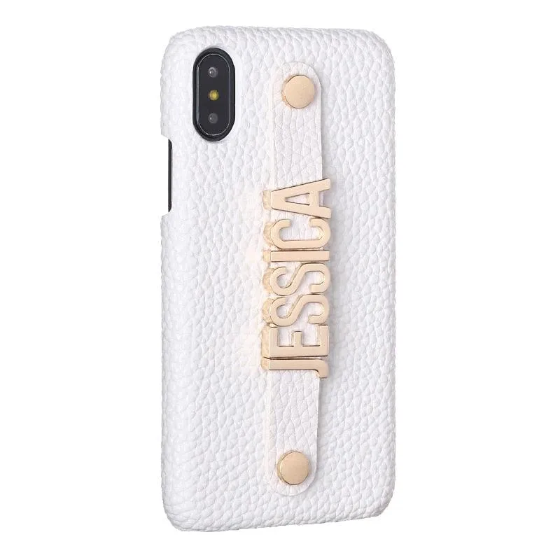 Holding Leather Strap Letter Custom Personalize Name Pebble Leather Phone Case For iPhone14 14ProMax 14Plus 13Promax 13 12 1Luxury Cover