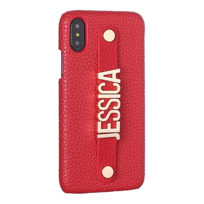 Holding Leather Strap Letter Custom Personalize Name Pebble Leather Phone Case For iPhone14 14ProMax 14Plus 13Promax 13 12 1Luxury Cover