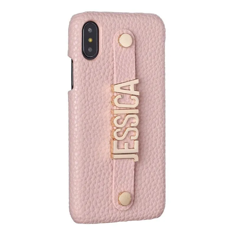 Holding Leather Strap Letter Custom Personalize Name Pebble Leather Phone Case For iPhone14 14ProMax 14Plus 13Promax 13 12 1Luxury Cover