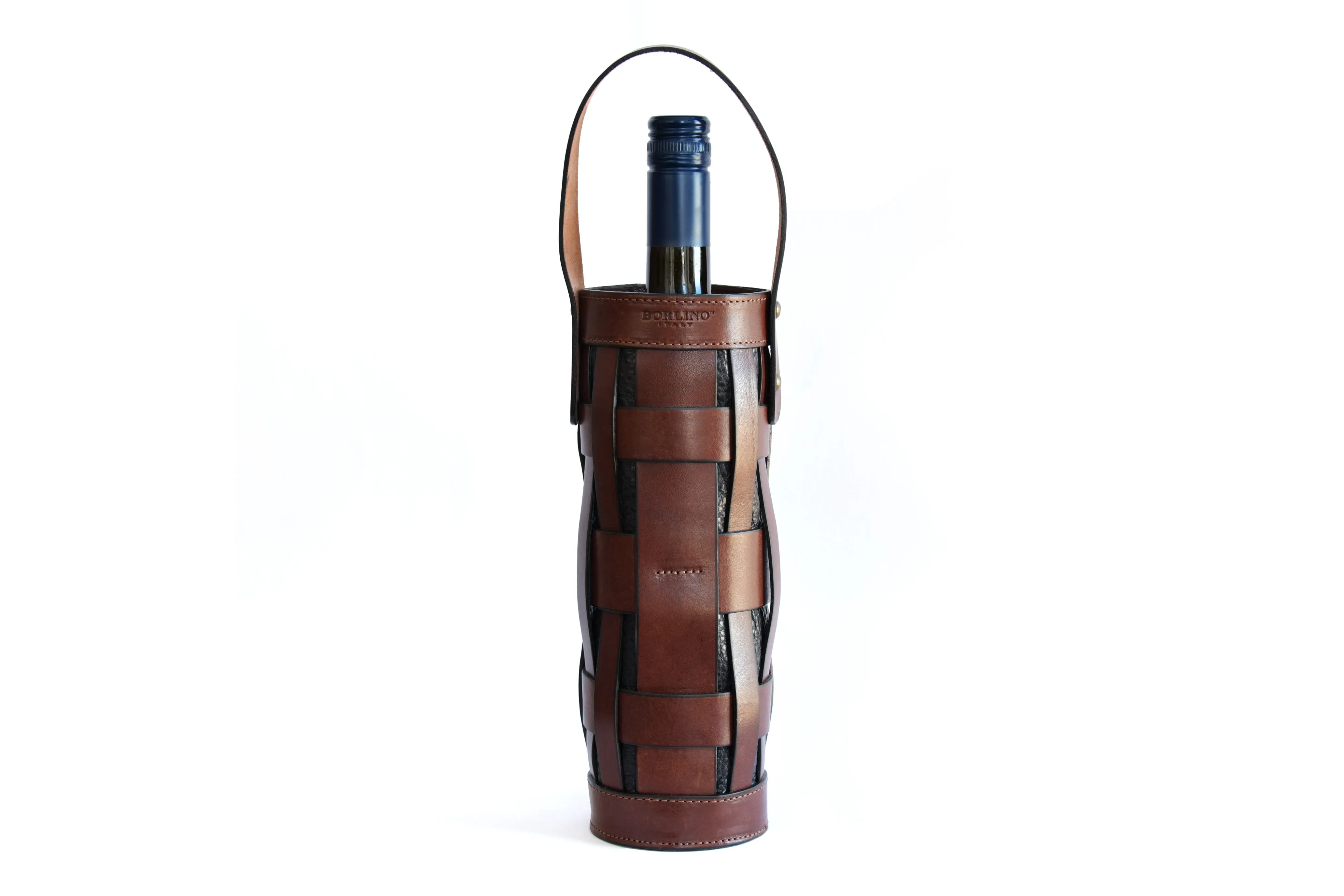 Italian Leather Wine Carrier - Vachetta Leathers - Walnut/Onyx