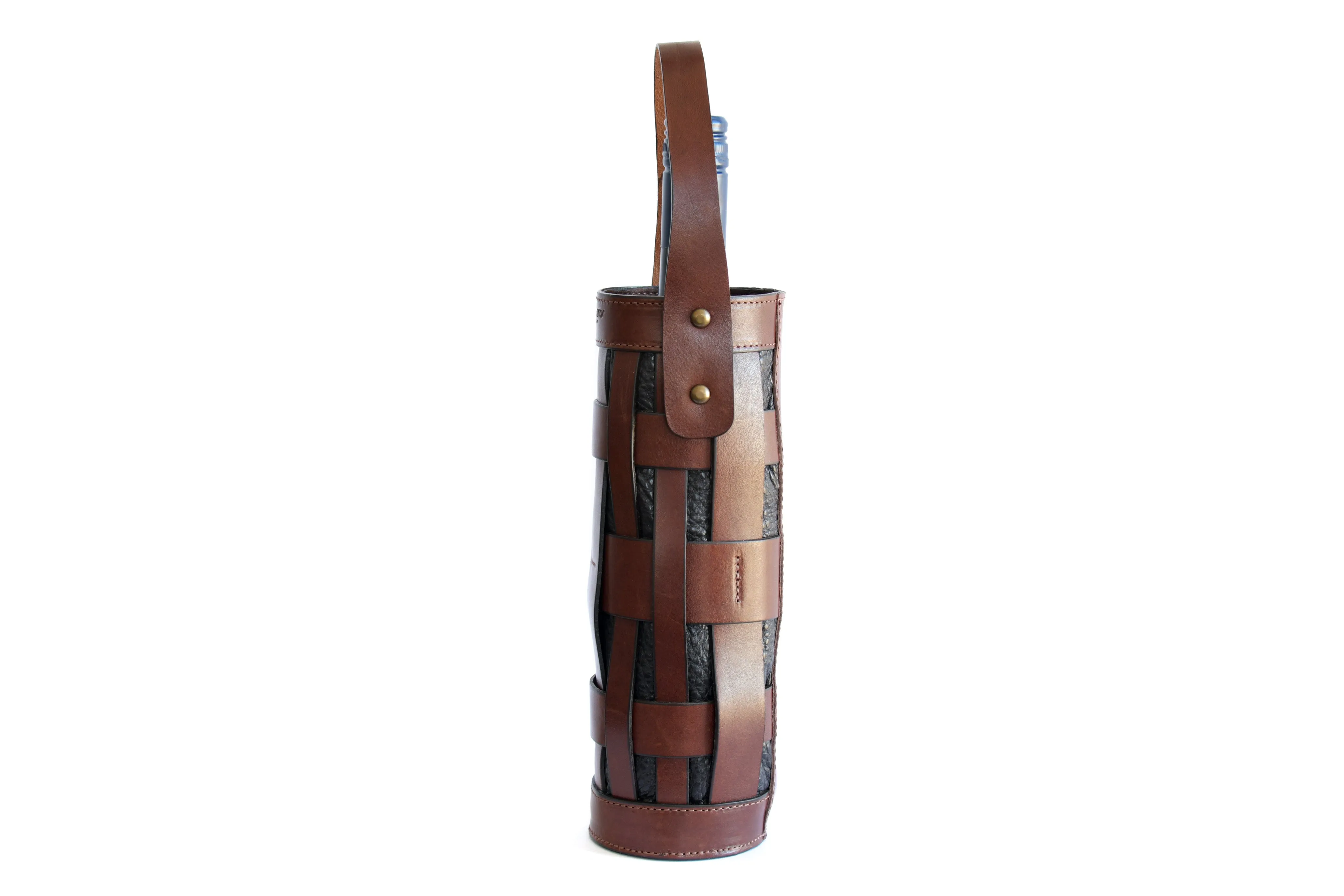 Italian Leather Wine Carrier - Vachetta Leathers - Walnut/Onyx