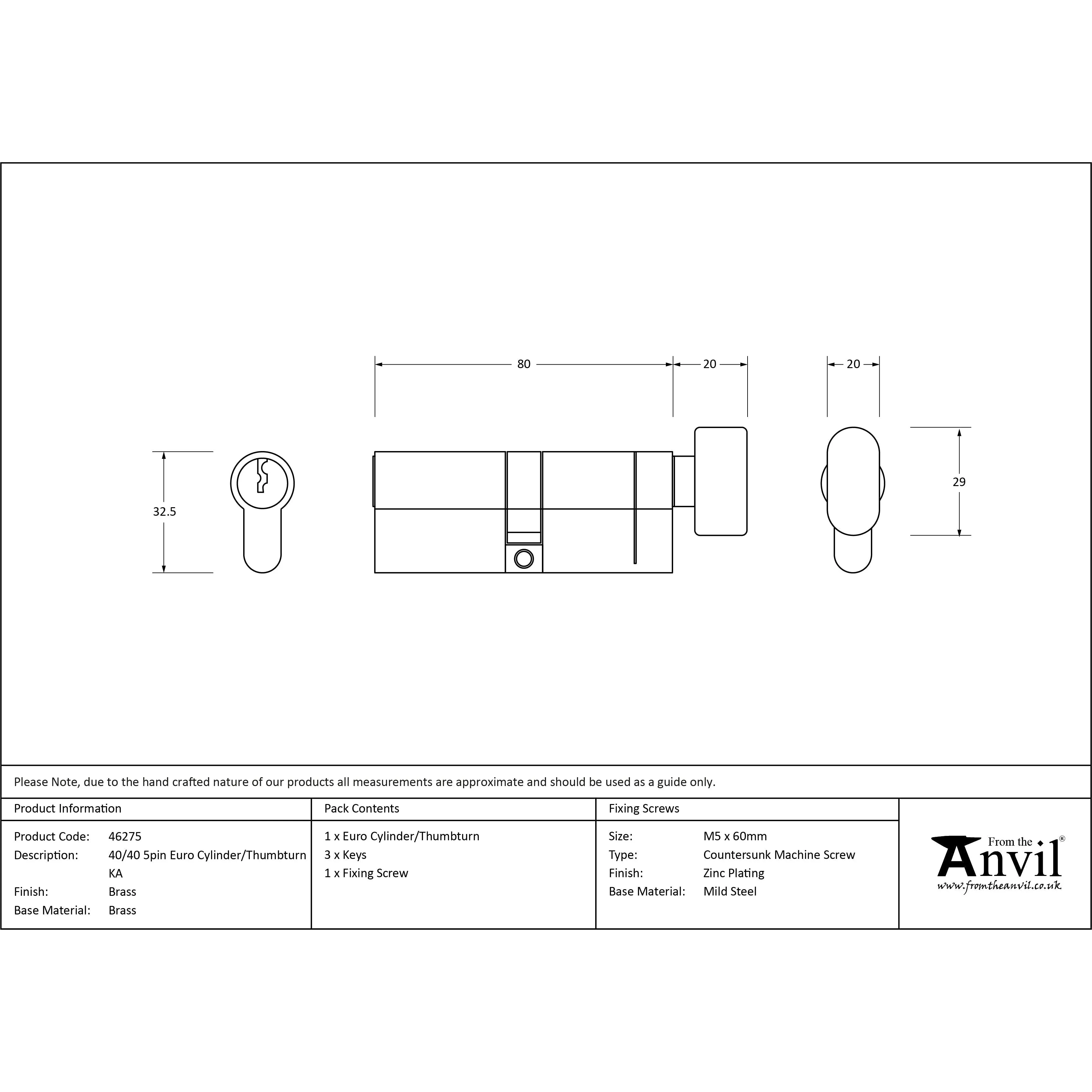 Lacquered Brass 40/40 5pin Euro Cylinder/Thumbturn KA | From The Anvil