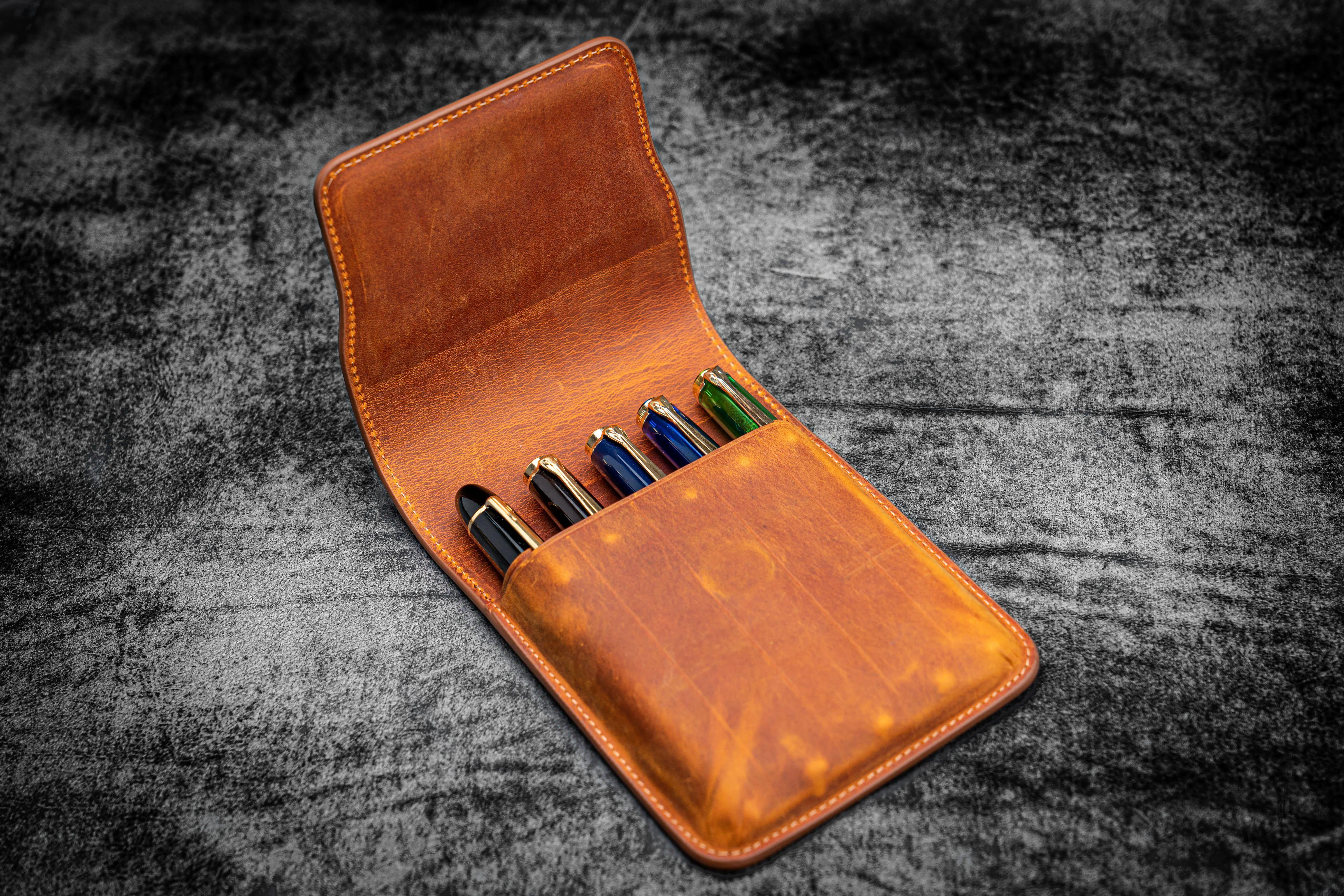 Leather Flap Pen Case for Five Pens - Crazy Horse Brown