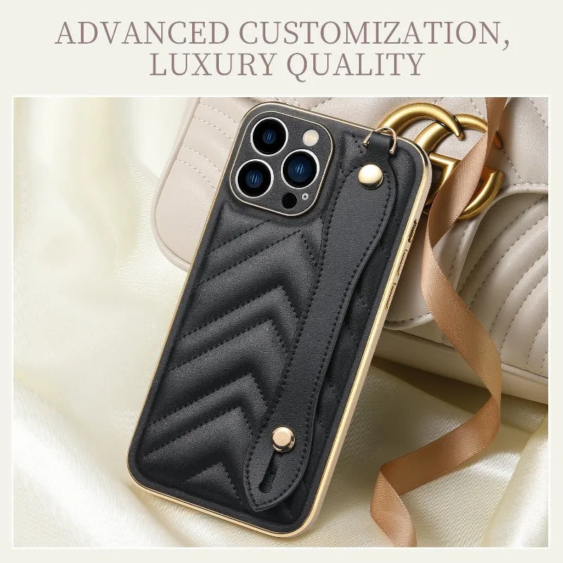 Leather Full Protect Soft Silicone Phone Case With Wrist Strap